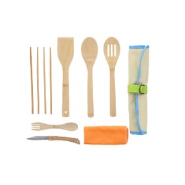 ust Camp Kitchen roll up with 7 Piece Bamboo Utensil Set in a Portable Organizer for Cooking, Camping, and Everyday use