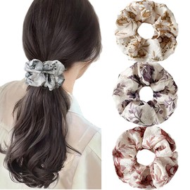 3 Pieces Lace Large Flower Scrunchies, Lace Hair Ties for Women girls Elegant lace hair ties ponytail thick curly hairs (multicoloured)