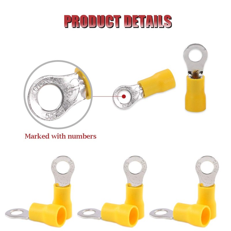 Hilitchi 100Pcs 12-10AWG Insulated Terminals Ring Electrical Wire Crimp Connectors