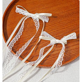 Lace Hair Bow, Clips for Women White Coquette Hair Bows with Ribbon Details Cute Hair Accessories for Women Girls(2pcs)