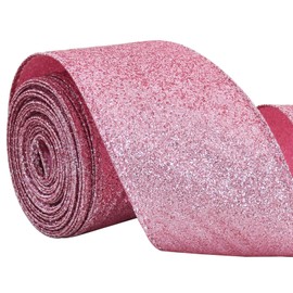 TONIFUL 2.5 inch x 10 yds Pink Glitter Ribbon, Sparkling Metallic Christms Ribbon for Christmas Wedding Party Decoration,Outdoor Decoration,DIY Crafts Bows, Gift nd Bouquet Wrapping