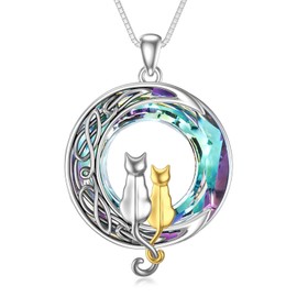 TOUPOP Two Cats Necklace 925 Sterling Silver Cats on the Moon Necklace