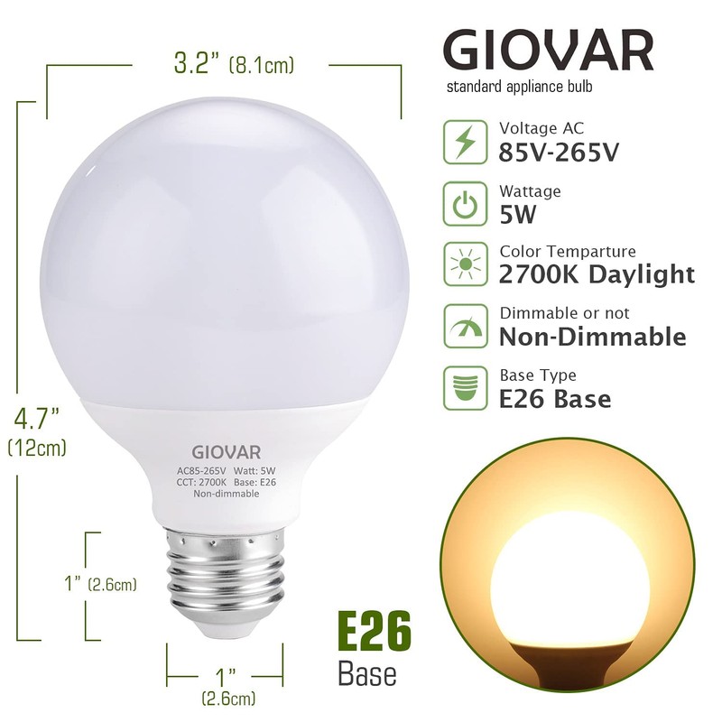 GIOVAR 8-Pack G25 LED Vanity Light Bulbs 120V 40 Watt