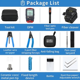 Fiber Optic Terminal kit 9-in-1 FTTH Tool kit Equipped with S-6C Optical Fiber Cleaver and high Precision Optical Power Meter D7 (-70~+10dBm) Well as Wire Stripper Fibre Tool kit