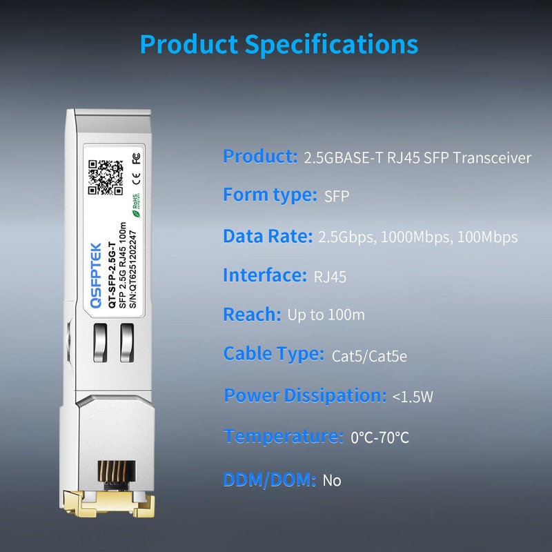 QSFPTEK 2.5Gbase-T Network Transceivers, 2.5G SFP to RJ45, 2.5gb Copper