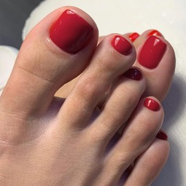 Solid Color Wine Red Press on Toenails for Women, Glossy Fake Toenail Press ons Short Square Acrylic Press on Toe Nails, Reusable Burgundy Toenails Glue on Natural Seamless Fit, 24Pcs Glue Toenails