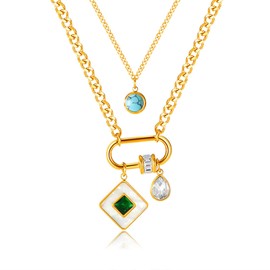 HETICA Gold Mother of Pearl Pendant Women Necklace, Double Layers Turquoise Cubic Zirconia Necklace Stainless Steel Delicate Fashionable Collar Chain Gift