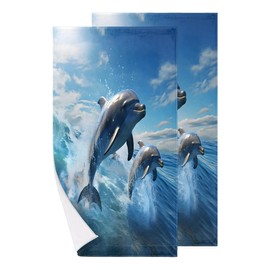 JMAVZWS Blue Dolphin Print Hand Towels for Bathroom Set of 2 Soft Absorbent Decorative Bath Hand Towels Quick Dry Face Towel for Sport Gym Spa, 28.3 x 14.4 inches