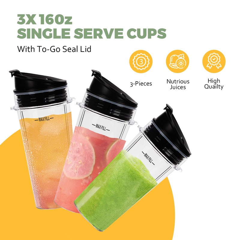 3 Pcs Ninja Blender Cups Replacement 16oz Cups with Seal