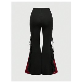 Verdusa Women's Goth Bow Tie Contrast Lace Flare Pants High Rise Ruffle Bell Bottom Pants Black Large