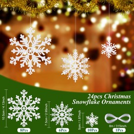MELLIEX Pack of 24 Snowflakes Decoration, Christmas, White Christmas Tree Decorations, Christmas Pendants for Christmas Decoration, 3 Sizes