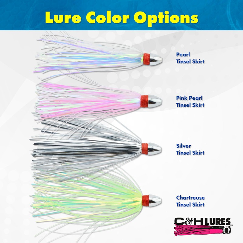C&H Lures Pearl Baby Lure, Silver Tinsel Skirt, 3/4 oz