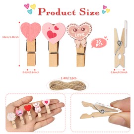 Pack of 35 Mini Clothes Pegs, Wooden Photo Clips, Heart Shape, Tiny Pegs, Pink Colourful Photo Clips, Small Wooden Pegs Mini Clips for Hanging Photos, Wedding Party, Photo Wall DIY Decoration