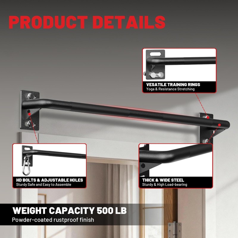 PAPABABE Wall Mounted Pull Up Bar, Chin Up Bar, Strength