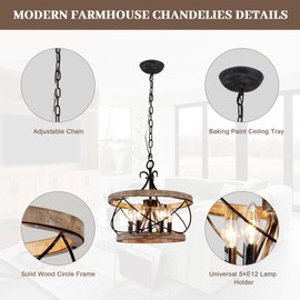 5-Light Farmhouse Wood Chandelier,Rustic Drum Chandelier,Black Vintage Chandelier for Dining Room Entryway Foyer Kitchen Island Hallway (15.7 Inch)