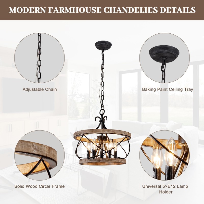 5-Light Farmhouse Wood Chandelier,Rustic Drum Chandelier,Black Vintage Chandelier for Dining