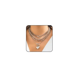 Chunky Gold Necklace for Women Layered Gold Paperclip Chain Necklace for Women Stack Heart Pendant Necklaces Chunky Jewelry (Silver)