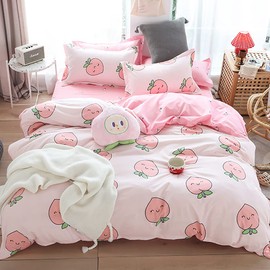 Nayoroom Bed Linen 135 x 200 cm Pink Peach Motif Kawaii Duvet Cover Set, Pink Peach Soft Microfibre Reversible Bed Linen and Pillowcase 80 x 80 cm with Zip