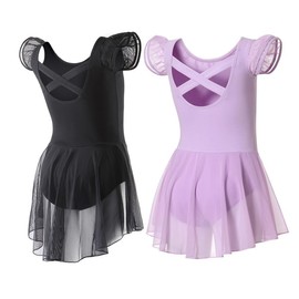 DIPUG - Maillot de ballet para niñas con falda y espalda cruzada, color negro y morado de 10 a 12 años, Black+lpurple, 10-12 Años