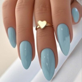 Light Blue Press on Nails Almond Shaped Fake Nails Pure Color Acrylic Nails Medium Short Glossy False Nails Artificial Nails Reusable Summer Glue on Nails for Women and Girls 24pcs