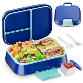 Bento Lunch Box Kids, 4 Compartments Bento-Style Container, Leak-Proof Bento Box Adults Lunch Box, Double Layer Lunch Container with Handle, BPA-Free, Dishwasher Safe, Food-Safe Materials (Blue)