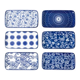 Cerkik Rectangle Serving Platter Set - 8 Inch Ceramic Dinner Plates Rectangular Serving Trays for Sushi Salad Dessert Pasta Appetizer - Oven Microwave Dishwasher Safe - Set of 6 - Vintage Blue