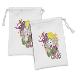 Ambesonne Mardi Gras Fabric Pouch Set of 2, Cartoon Design of Mardi Gras Jester Smiling and Holding a Harlequin, Small Drawstring Bag for Toiletries Masks and Favors, 9" x 6", Multicolor