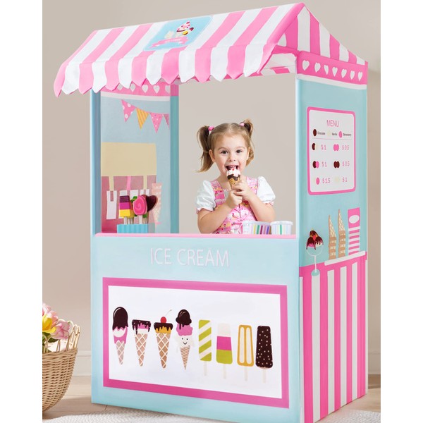 Ice Cream Cart, Kids Playstand Play Shop with 3 Pretend Foods - 49" High - Colorful Kids Business Pushcart for Development and Learning - Indoor and Outdoor Children's Playhouse