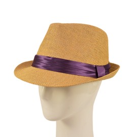 TrendsBlue Classic Tan Fedora Straw Hat, Dark Purple Band