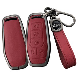 TECART Fits Ford Leather Key Fob Cover Metal Full Protection for Fusion Mustang F150 Edge Explorer Lincoln MKZ MKC MKX Smart Remote Red