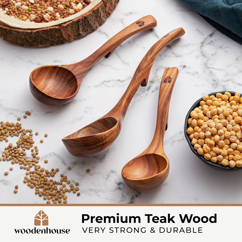 Wooden Ladle Spoon Set, 3 Size Teak Wood Kitchen Serving