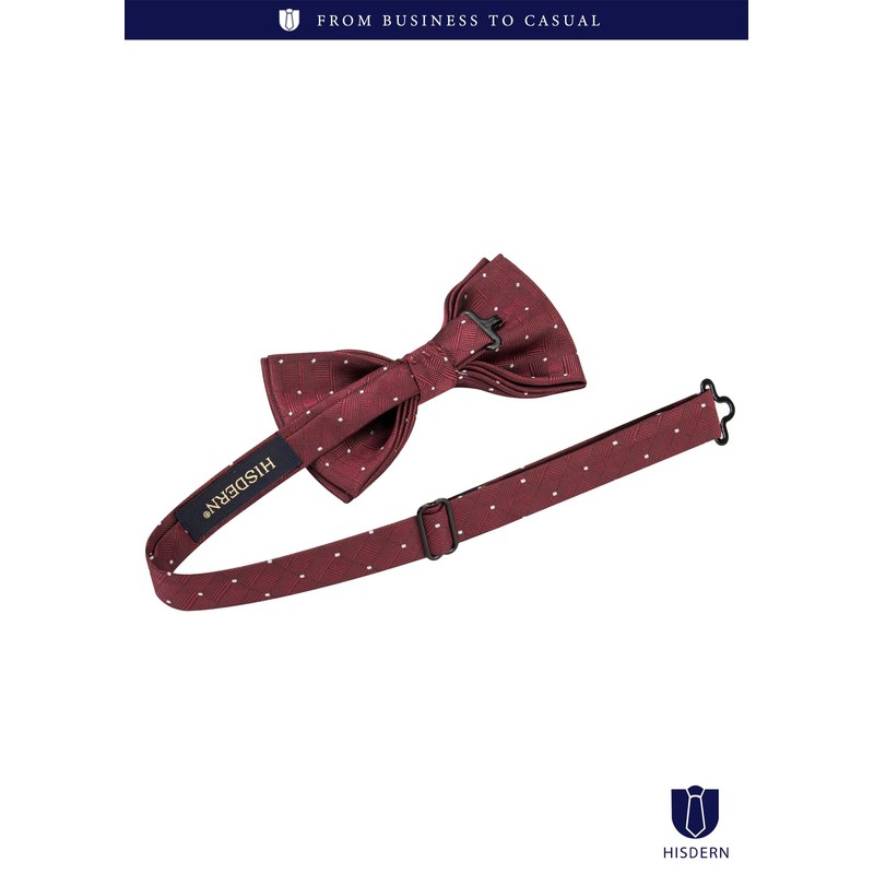 [HISDERN] 蝶ネクタイ メンズ ワンタッチ ボウタイ - 幾何柄 ドット チェック ワインレッド