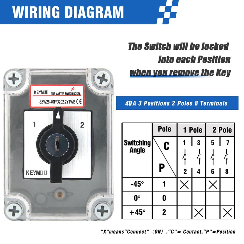 KEYMOO 40A Rotary Changeover Switch with Removable Key Lock, 660V