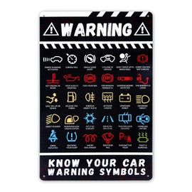 Car Warning Lights Sign, Know Your Car Warning Symbols Sign Aluminum Metal Tin Sign Car Funny Mechanic Sign Car Warning Sign Car Posters for Men Garage Room Office Decor