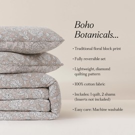 Lush Decor Zara Floral Block Reversible Cotton Quilt 3 Piece Set Full/Queen Neutral - Floral Bedding Set - Block Print Quilt - Vintage Coquette Decor