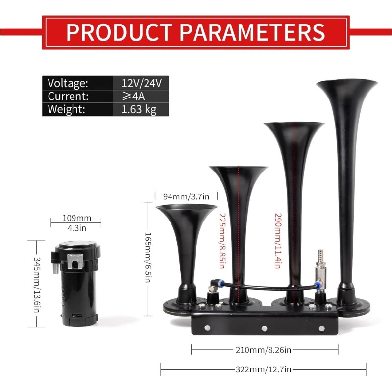 Horn FARBIN 4-speaker 12V air horn 150dB car horn kit