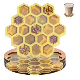 CAIRIAC Wooden Coasters Honeycomb Drink Coaster Bee Coasters Set with Holder for Modern Home Decor, Housewarming Gift Wood Cup Mats for Drinks Coffee Table, Desk