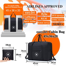 BAGZY 2X Cabin Bag 45x36x20 for easyJet Underseat Cabin Bag, Large Foldable Duffel Bag Nylon Holdall Hand Luggage Case Carry on Luggage Flight Bag Baggage Organiser Storage 40L (Black)