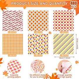 480Pcs Fall Wax Paper Dry Waxed Deli Paper Sheet 12x12 inch Sandwich Wrap Pumpkin Maple Leaf Checkered Decorative Parchment Papers Food Basket Liners for Autumn Harvest Home Kitchen Picnic Party