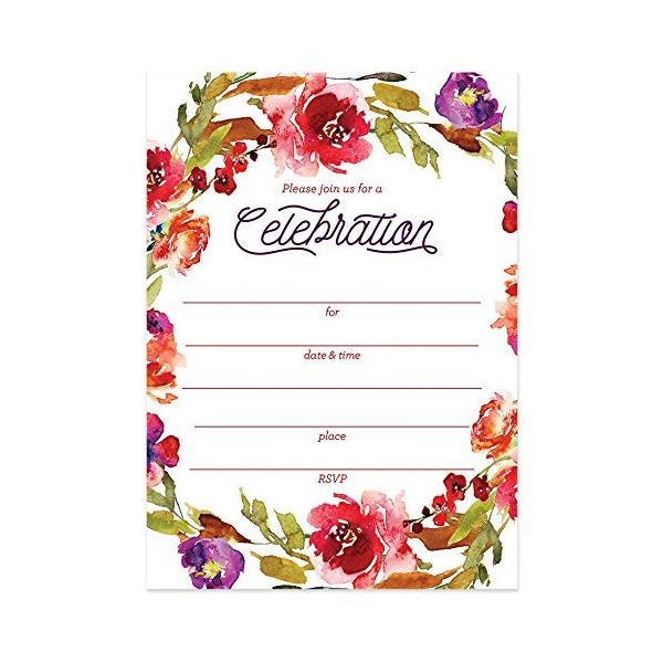 Rustic Fall Floral Invitations with Envelopes (Pack of 25) Any Occasion Large 5x7" Fill in Wedding, Anniversary, Retirement, Housewarming, Bridal Shower, Excellent Value Party Invites VI0057B