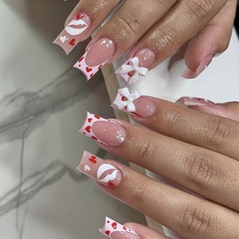 24Pcs Valentine’s Day Fake Nails Medium Square Press on Nails Mixed Heart Lip Bow Printed Acrylic Nails Press ons Full Cover Valentine Pattern Design Glue on Nails French Tip Stick on Nails for Women
