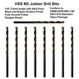 MAXTOOL 1/16" 18PCs Identical Jobber Length Drill Bits HSS M2 Twist Drill Bits Fully Ground Black & Bronze Straight Shank Drills; JBF02H10R04E18