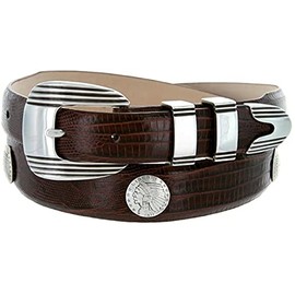 Indian Head Coin Concho Italian Calfskin Genuine Leather Belt 1-1/8"(30mm) taper down to 1"(25mm) wide (Lizar Brown, 32)