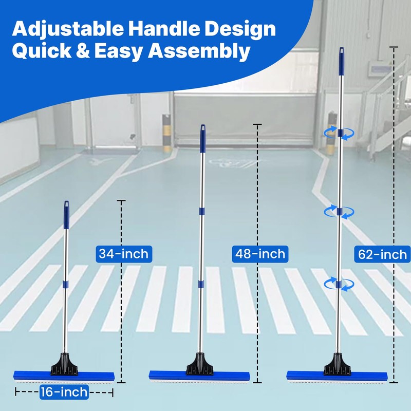 16" Notched Epoxy Floor Squeegee with 62" Long Handle for