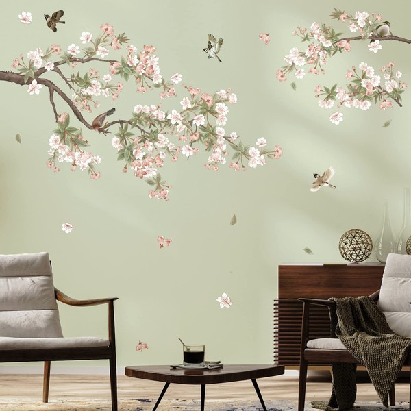 decalmile Flower Tree Branch Wall Stickers Cherry Blossom Floral Birds Wall Decals Girls Bedroom Living Room TV Sofa Wall Decor