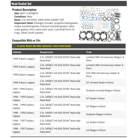Head Gasket Set - with Intake and Exhaust Manifold Gaskets, Valve Cover Gaskets, Valve Steam Seals, Front Cam Seal, and O-Rings - Compatible with 1996-1999 Subaru Legacy