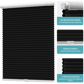Myshade No Drill Blackout Shades Tension Cordless Cellular Blinds for Indoor Windows No Drilling No Tools Window Blinds & Shades Pull Down Room Darkening for Kitchen Bedroom Home, Black-34 W x 64" H