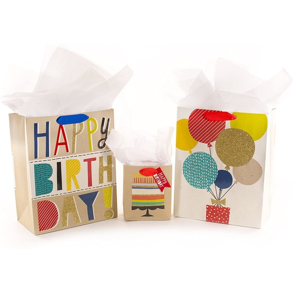 Hallmark Birthday Gift Bag Assortment (Pack of 3: 2 Large 13", 1 Small 6") White and Kraft, Balloons and Cake