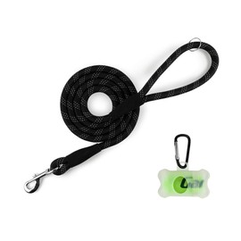 Garwor 6 FT Heavy Duty Rope Dog Leash with Strong Stitches Genuine Leather Tailored Connection, Reflective Dog Leash with Sturdy Metal Clasp for Medium Large Dogs(Black)
