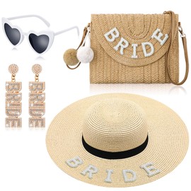 Bunnycool 4 Pcs Bridal Shower Gifts Set Bride Sun Hat Straw Shoulder Bag Sunglasses Earrings Bachelorette Gifts for Summer Beach